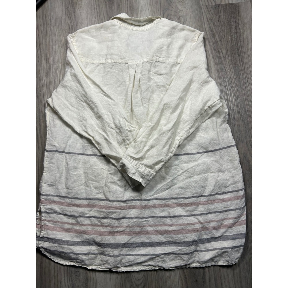 Tahari 1X Linen Stripe Collared V-Neck Roll-Tab Sleeve Shirt Top Womens tunic - Picture 7 of 7